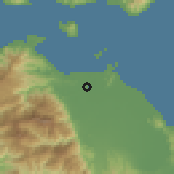 Shaded relief of the 60 km around Canubing, drawn from the GMTED2010 grid