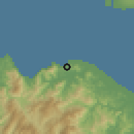Shaded relief of the 59 km around Claveria, drawn from the GMTED2010 grid