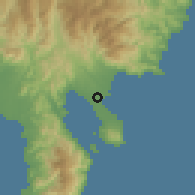 Shaded relief of the 60 km around Dahican, drawn from the GMTED2010 grid