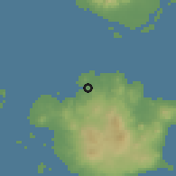 Shaded relief of the 60 km around Isabela, drawn from the GMTED2010 grid