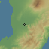 Shaded relief of the 60 km around Isabela, drawn from the GMTED2010 grid