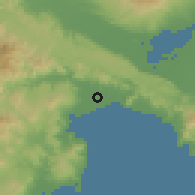 Shaded relief of the 60 km around Labangan, drawn from the GMTED2010 grid
