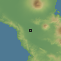 Shaded relief of the 60 km around La Purisima, drawn from the GMTED2010 grid