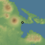Shaded relief of the 60 km around Libog, drawn from the GMTED2010 grid