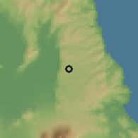 Shaded relief of the 59 km around Longos, drawn from the GMTED2010 grid