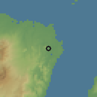 Shaded relief of the 60 km around Mabini, drawn from the GMTED2010 grid