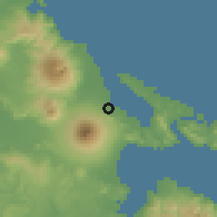 Shaded relief of the 60 km around Malilipot, drawn from the GMTED2010 grid