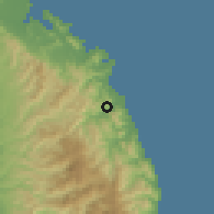Shaded relief of the 60 km around Malita, drawn from the GMTED2010 grid
