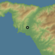 Shaded relief of the 60 km around Mamburao, drawn from the GMTED2010 grid