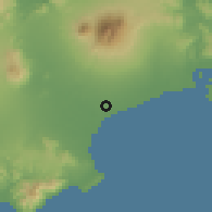 Shaded relief of the 59 km around Manggalang, drawn from the GMTED2010 grid