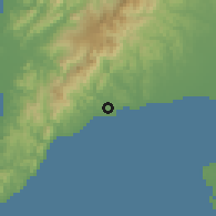 Shaded relief of the 60 km around Miagao, drawn from the GMTED2010 grid