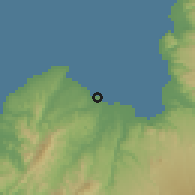 Shaded relief of the 60 km around Molugan, drawn from the GMTED2010 grid