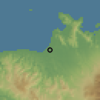 Shaded relief of the 60 km around Olingan, drawn from the GMTED2010 grid