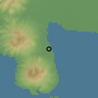 Shaded relief of the 59 km around Pilar, drawn from the GMTED2010 grid