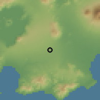 Shaded relief of the 59 km around Quilo-quilo, drawn from the GMTED2010 grid