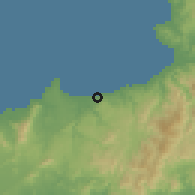 Shaded relief of the 60 km around Salug, drawn from the GMTED2010 grid