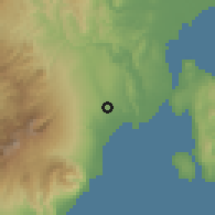 Shaded relief of the 60 km around Bangkas Heights, drawn from the GMTED2010 grid