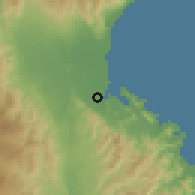 Shaded relief of the 60 km around Sulop, drawn from the GMTED2010 grid