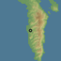 Shaded relief of the 60 km around Tibanban, drawn from the GMTED2010 grid