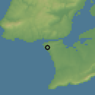 Shaded relief of the 54 km around Costa da Caparica, drawn from the GMTED2010 grid