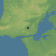 Shaded relief of the 54 km around Olival Basto, drawn from the GMTED2010 grid