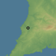 Shaded relief of the 54 km around Aljezur, drawn from the GMTED2010 grid