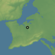 Shaded relief of the 54 km around Santo António da Charneca, drawn from the GMTED2010 grid