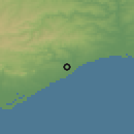 Shaded relief of the 54 km around Tavira, drawn from the GMTED2010 grid
