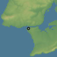 Shaded relief of the 54 km around Trafaria, drawn from the GMTED2010 grid