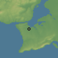 Shaded relief of the 54 km around Amora, drawn from the GMTED2010 grid