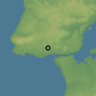 Shaded relief of the 54 km around Barcarena, drawn from the GMTED2010 grid