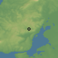 Shaded relief of the 54 km around Bucelas, drawn from the GMTED2010 grid