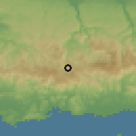Shaded relief of the 59 km around Adjuntas, drawn from the GMTED2010 grid