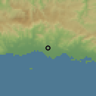 Shaded relief of the 59 km around Las Ollas, drawn from the GMTED2010 grid