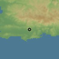 Shaded relief of the 59 km around Lluveras, drawn from the GMTED2010 grid