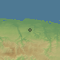 Shaded relief of the 59 km around Miranda, drawn from the GMTED2010 grid