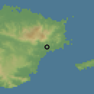 Shaded relief of the 59 km around Naguabo, drawn from the GMTED2010 grid