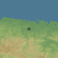 Shaded relief of the 59 km around Pájaros, drawn from the GMTED2010 grid