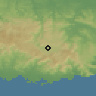 Shaded relief of the 59 km around Parcelas Nuevas, drawn from the GMTED2010 grid