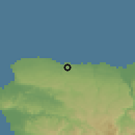 Shaded relief of the 59 km around Quebradillas, drawn from the GMTED2010 grid