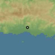 Shaded relief of the 59 km around Río Cañas Abajo, drawn from the GMTED2010 grid