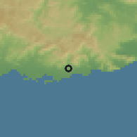 Shaded relief of the 59 km around San Antonio, drawn from the GMTED2010 grid