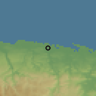 Shaded relief of the 59 km around Toa Baja, drawn from the GMTED2010 grid