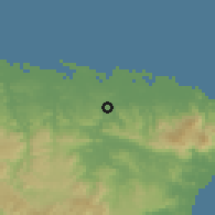 Shaded relief of the 59 km around Trujillo Alto, drawn from the GMTED2010 grid