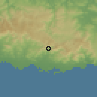Shaded relief of the 59 km around Vázquez, drawn from the GMTED2010 grid