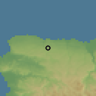 Shaded relief of the 59 km around Cacao, drawn from the GMTED2010 grid