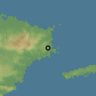 Shaded relief of the 59 km around Aguas Claras, drawn from the GMTED2010 grid