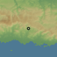 Shaded relief of the 59 km around Coamo, drawn from the GMTED2010 grid