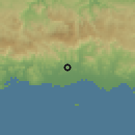 Shaded relief of the 59 km around Coto Laurel, drawn from the GMTED2010 grid