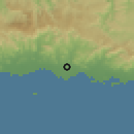 Shaded relief of the 59 km around El Ojo, drawn from the GMTED2010 grid